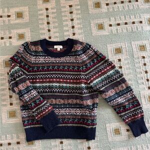 J. Crew Navy Fair Isle Crewneck Sweater with Red, Green, Cream Accents